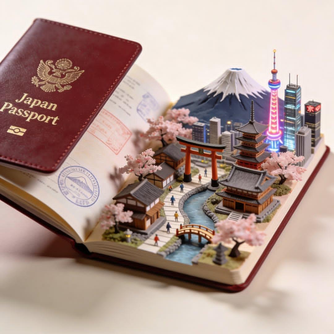 Hyper-realistic open [COUNTRY] passport on a studio surface, with gold-embossed 