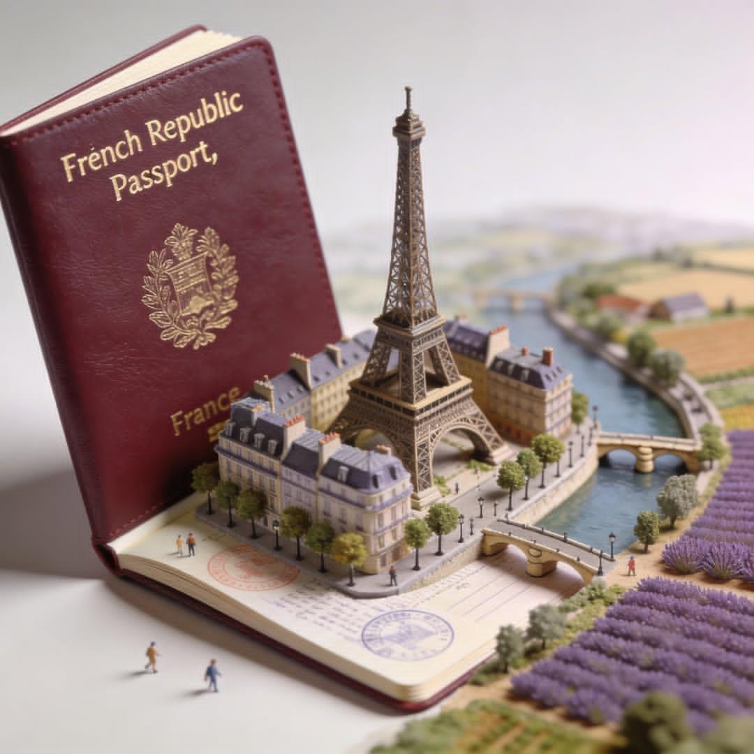 Hyper-realistic open [COUNTRY] passport on a studio surface, with gold-embossed 