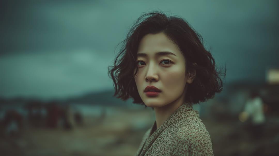 Photorealistic cinematic portrait of a young East Asian woman standing outdoors 