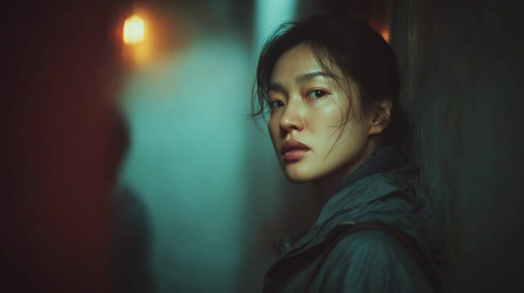 Photorealistic cinematic portrait of a young East Asian woman standing outdoors 