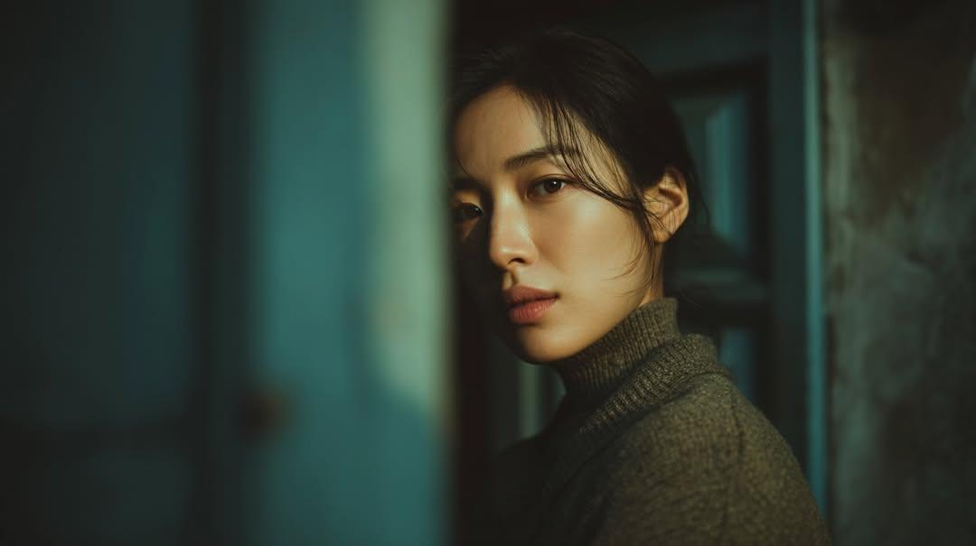Photorealistic cinematic portrait of a young East Asian woman standing outdoors 