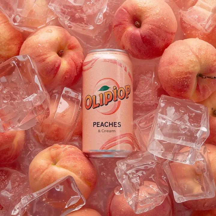 Ultra-realistic commercial product photography of a pastel peach-colored soda ca