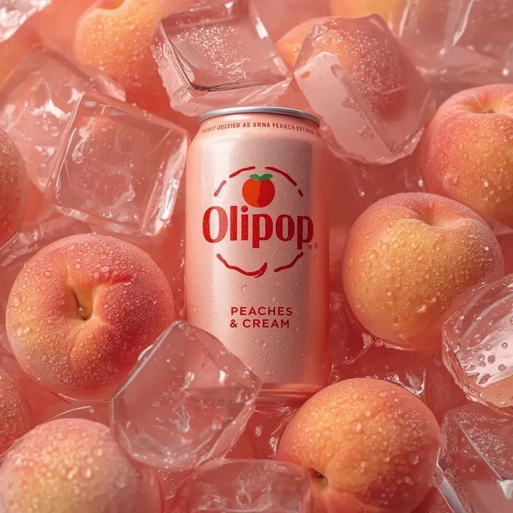 Ultra-realistic commercial product photography of a pastel peach-colored soda ca