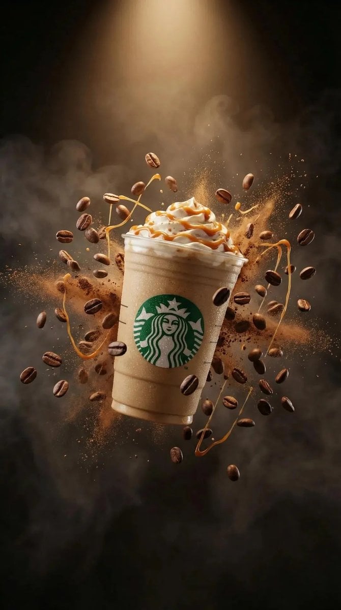 Ultra-realistic commercial product photography of a caramel frappuccino in a cle