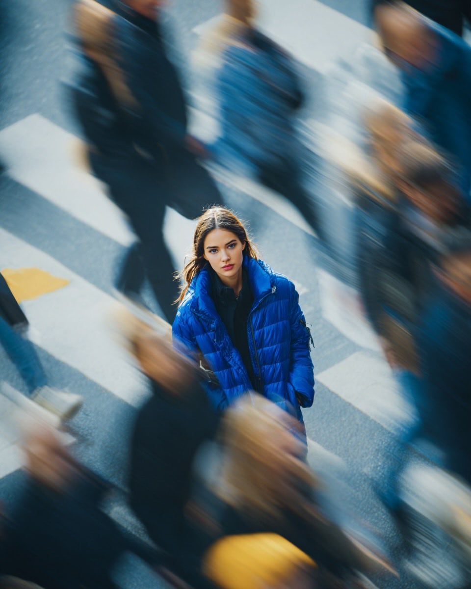 Ultra-realistic cinematic street portrait of a young woman in a bright blue puff