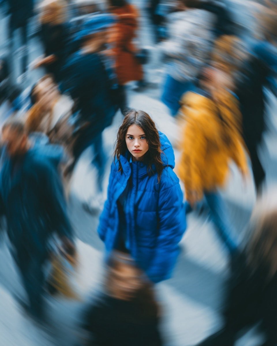 Ultra-realistic cinematic street portrait of a young woman in a bright blue puff