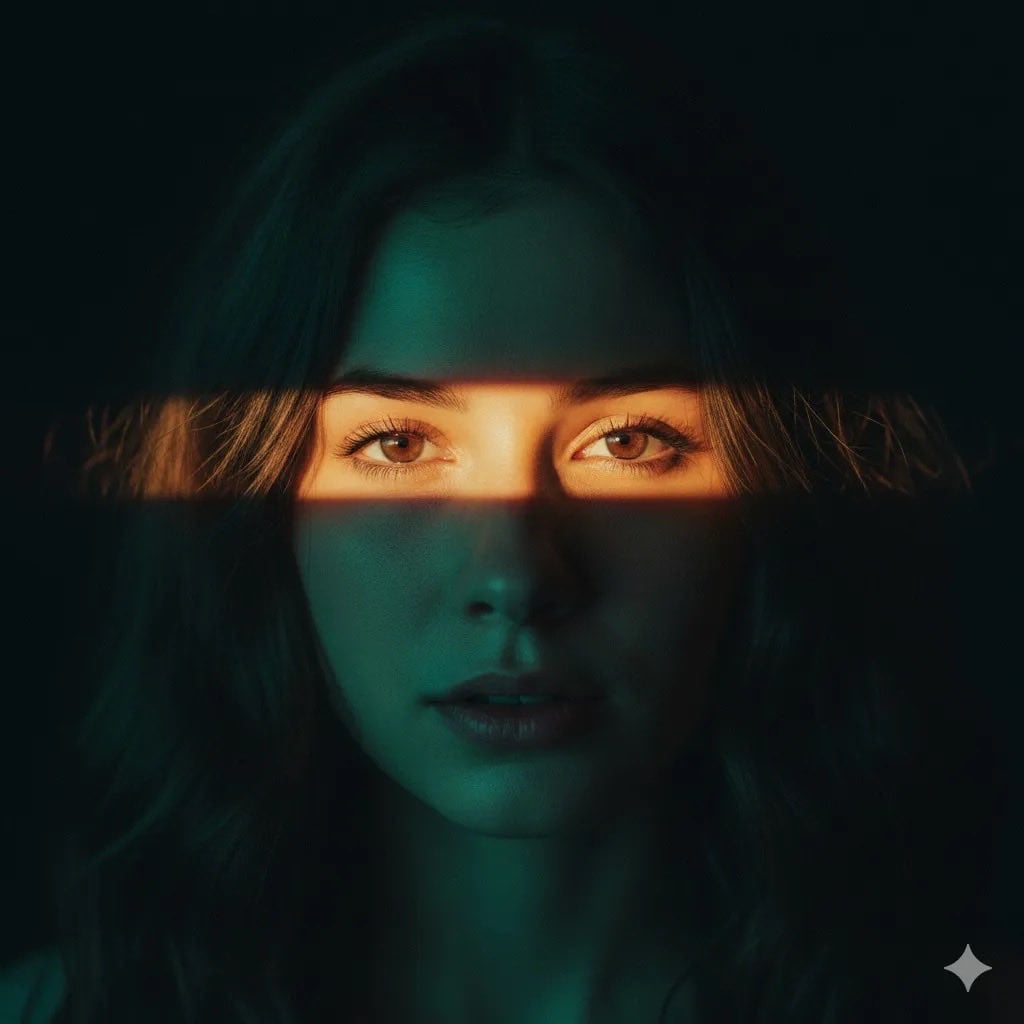 Ultra-realistic cinematic portrait of a young woman with soft brown hair, center