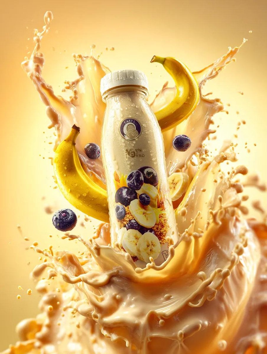 Premium banana milk drink bottle surrounded by swirling milk splash, floating ba