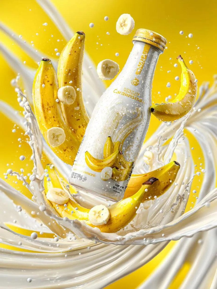 Premium banana milk drink bottle surrounded by swirling milk splash, floating ba