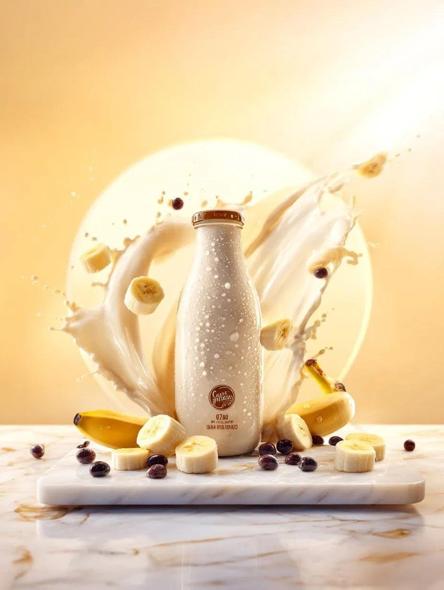Premium banana milk drink bottle surrounded by swirling milk splash, floating ba
