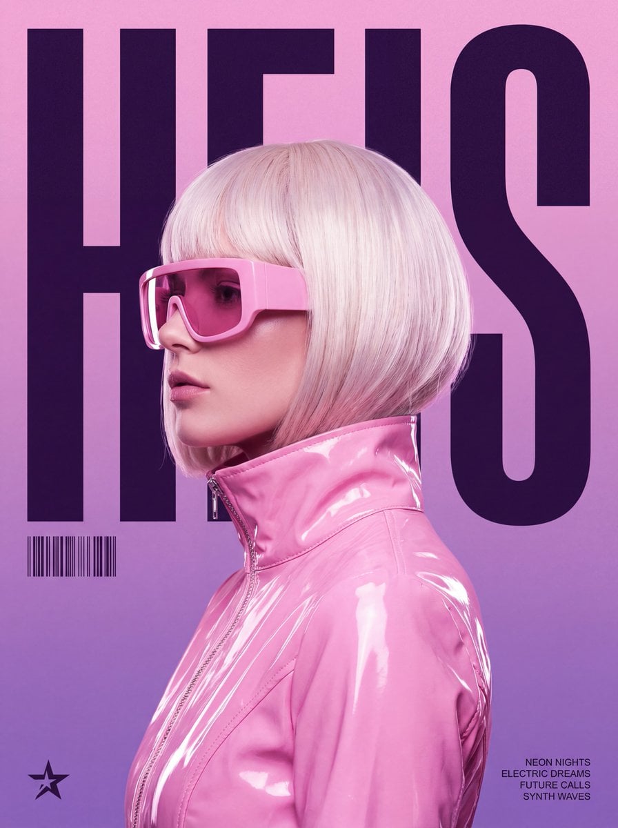 A stylized, retro-futuristic music poster in a synthwave aesthetic. The central 