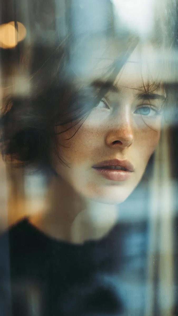 Reflection in glass window, layered composition, subject of a beautiful woman pa