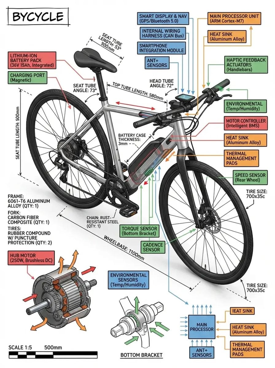Create a technical infographic of [OBJECT] with a 45-degree isometric 3D perspec