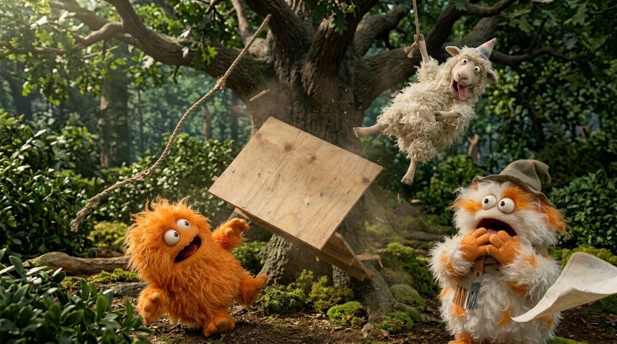 Create a funny 4-part story featuring 3 fluffy creatures building a treehouse. T