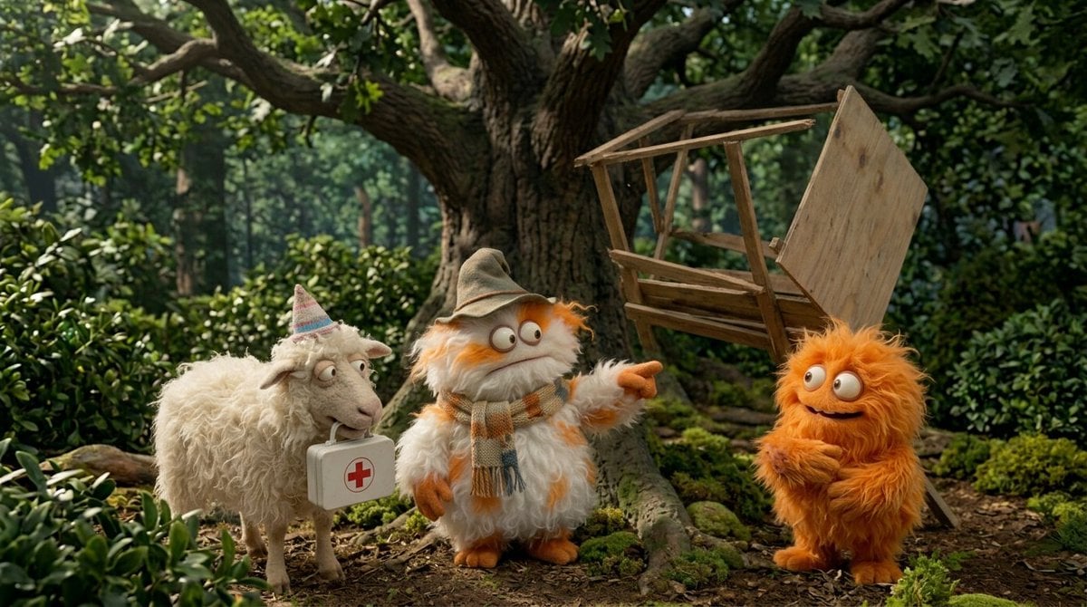 Create a funny 4-part story featuring 3 fluffy creatures building a treehouse. T