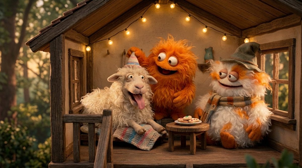 Create a funny 4-part story featuring 3 fluffy creatures building a treehouse. T