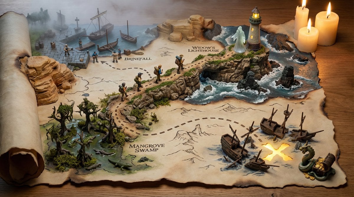 A hand-drawn treasure map on aged parchment, with the adventure erupting into th