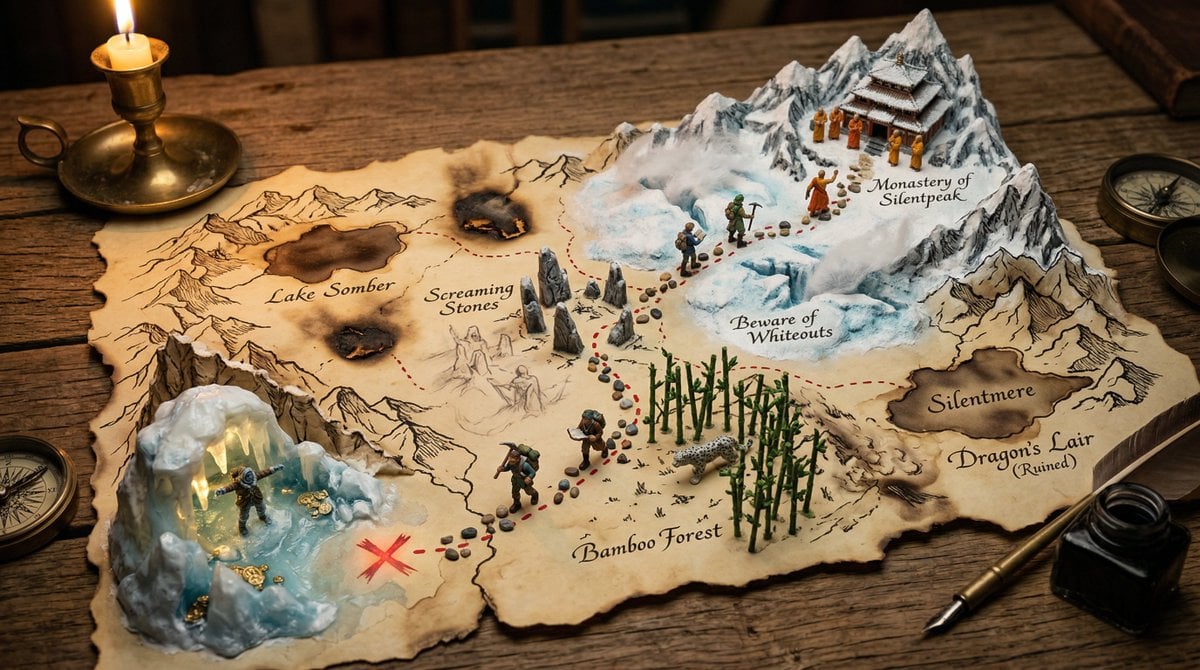 A hand-drawn treasure map on aged parchment, with the adventure erupting into th