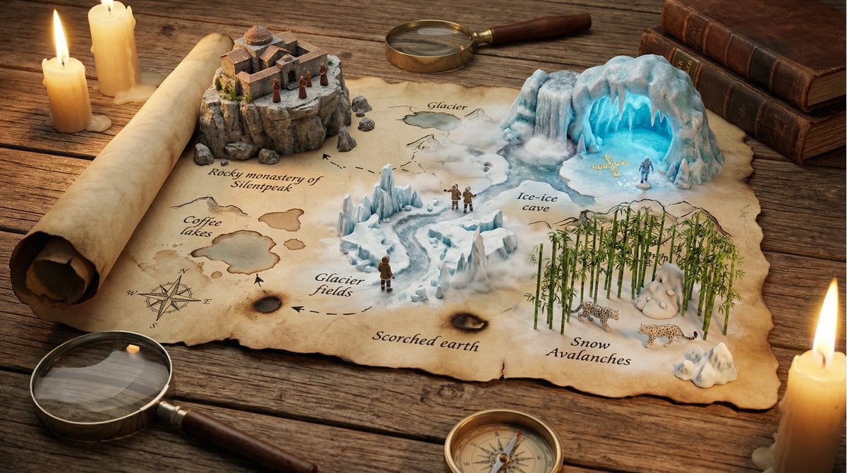 A hand-drawn treasure map on aged parchment, with the adventure erupting into th