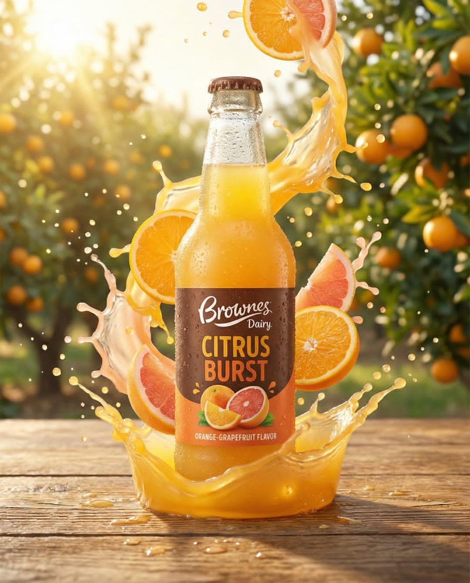 Ultra-realistic product ad of a premium fruit drink bottle, dynamic liquid splas