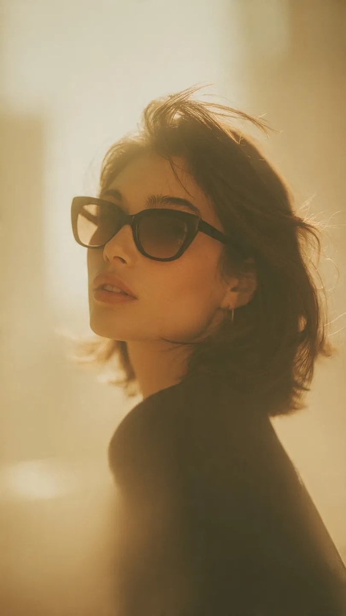 Ultra-realistic cinematic fashion portrait of a stylish woman wearing oversized 