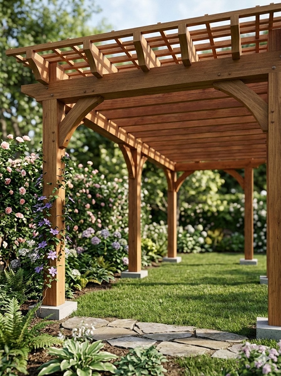 Pergola Blueprint Prompt: Hand-drawn architectural pencil sketch of a wooden gar