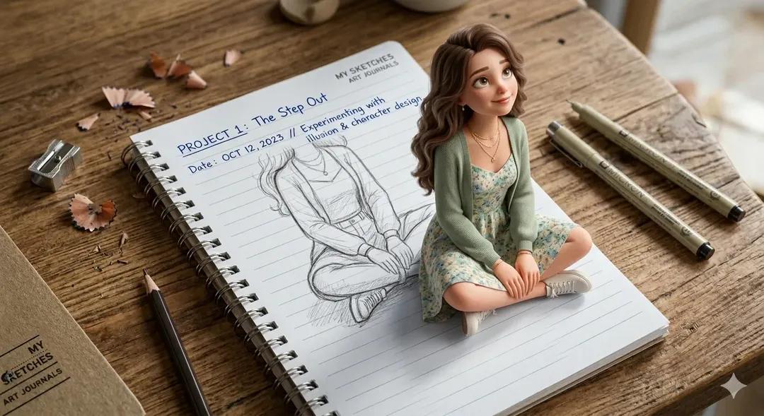 A creative 3D illusion artwork of a cute young girl stepping out of a spiral not