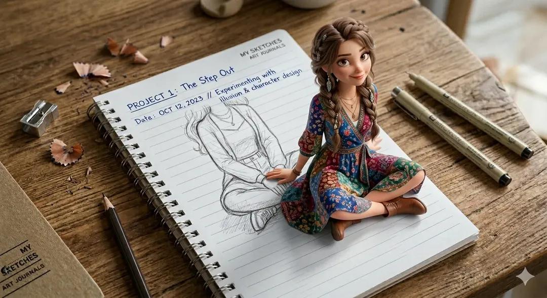 A creative 3D illusion artwork of a cute young girl stepping out of a spiral not