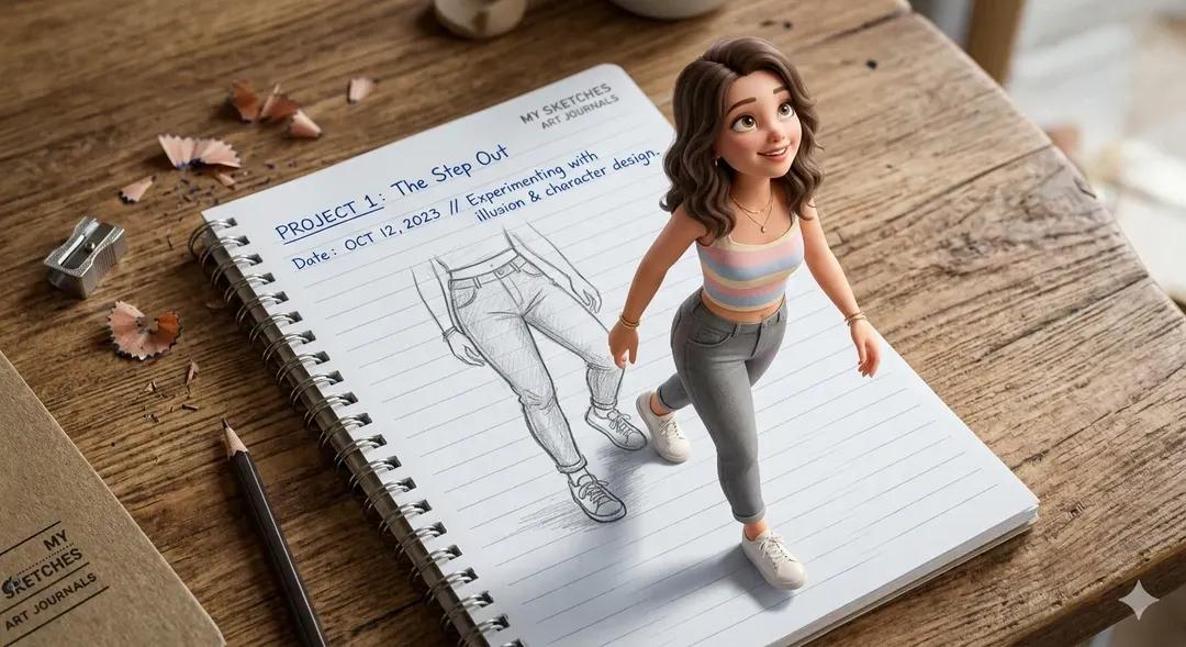 A creative 3D illusion artwork of a cute young girl stepping out of a spiral not