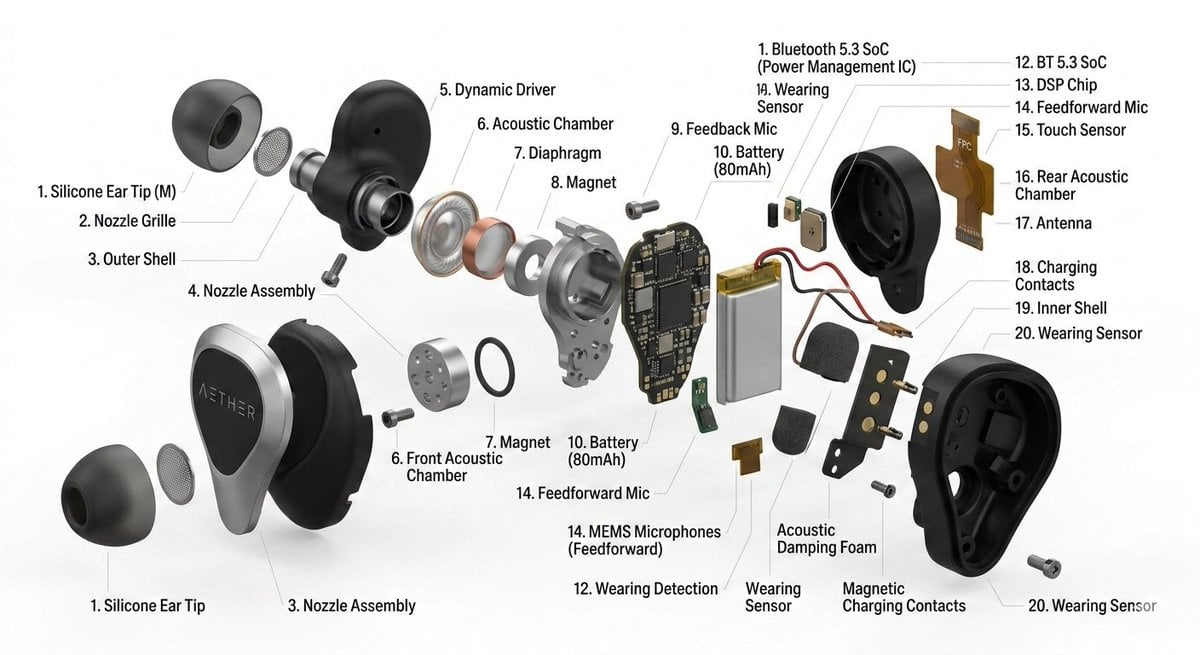 product design, [object or vehicle with material accents], exploded view diagram