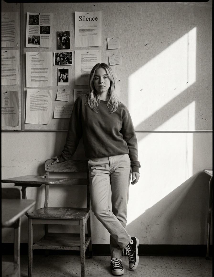 Create a high-contrast black and white portrait in a quiet classroom.Use uploade