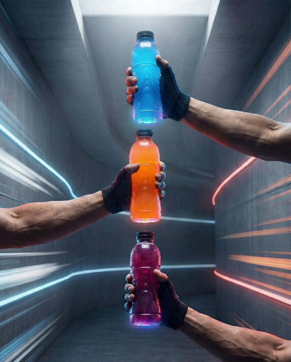 Nano Banana pro on Gemini app.

Prompt:
Three hands holding colorful glass soda 