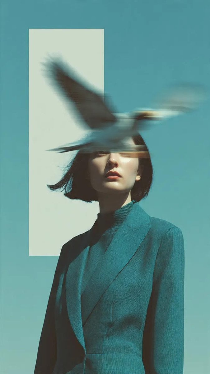 Editorial photography, a woman wearing a structured deep teal blazer standing ag