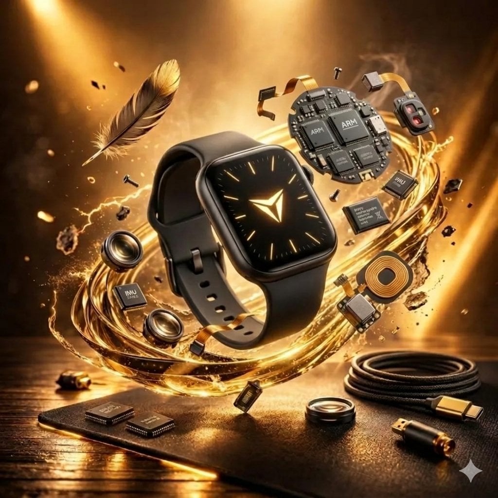 Ultra-realistic gaming mouse floating above a desk, surrounded by glowing golden