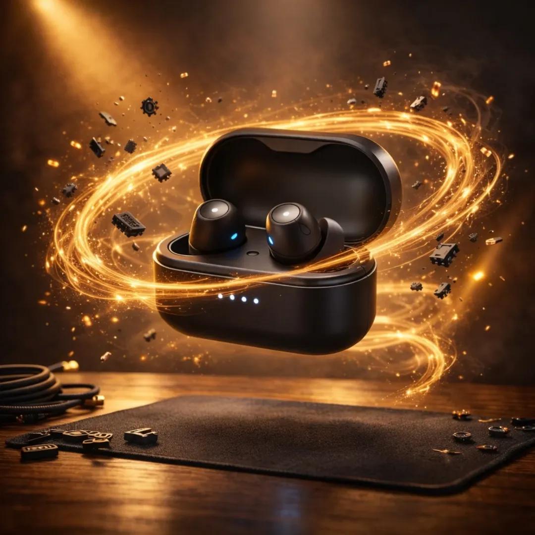 Ultra-realistic gaming mouse floating above a desk, surrounded by glowing golden