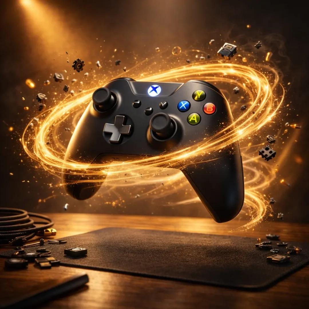 Ultra-realistic gaming mouse floating above a desk, surrounded by glowing golden