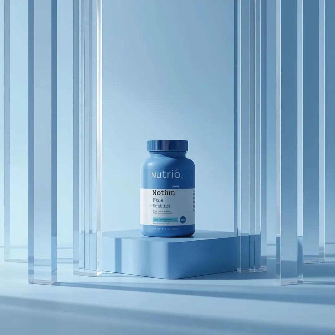 Ultra-realistic minimalist product photography featuring a cylindrical supplemen