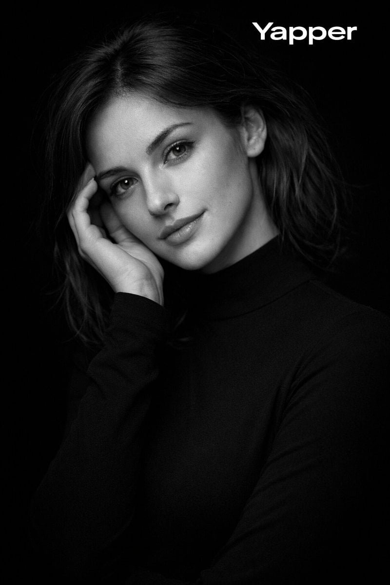 {
"prompt": "High-contrast monochromatic studio portrait of a European woman aro