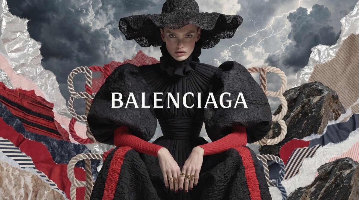 [BRAND]. A high fashion campaign poster. A model with a strong expressive face a