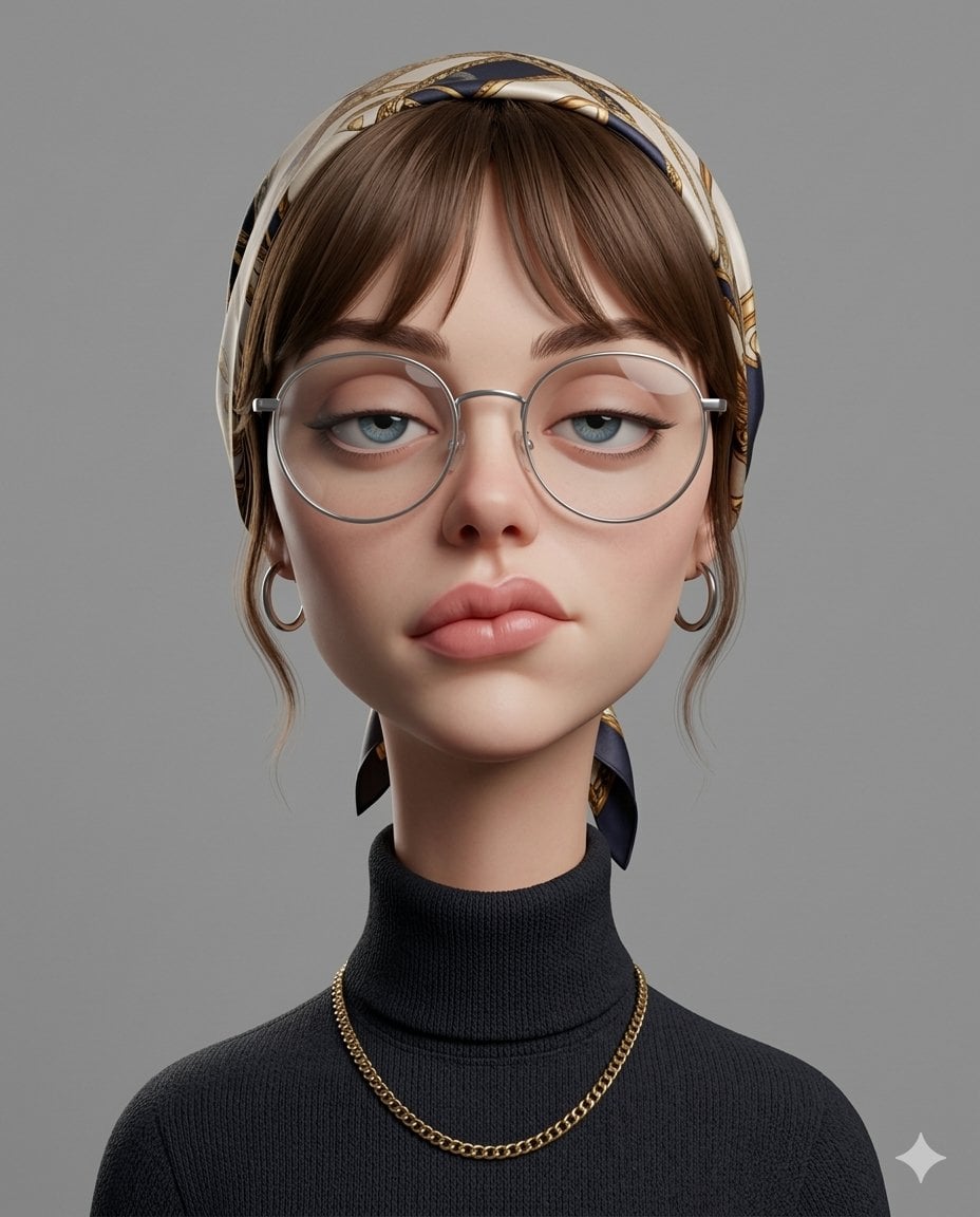 Create an exaggerated stylized 3D caricature character portrait with strong inte