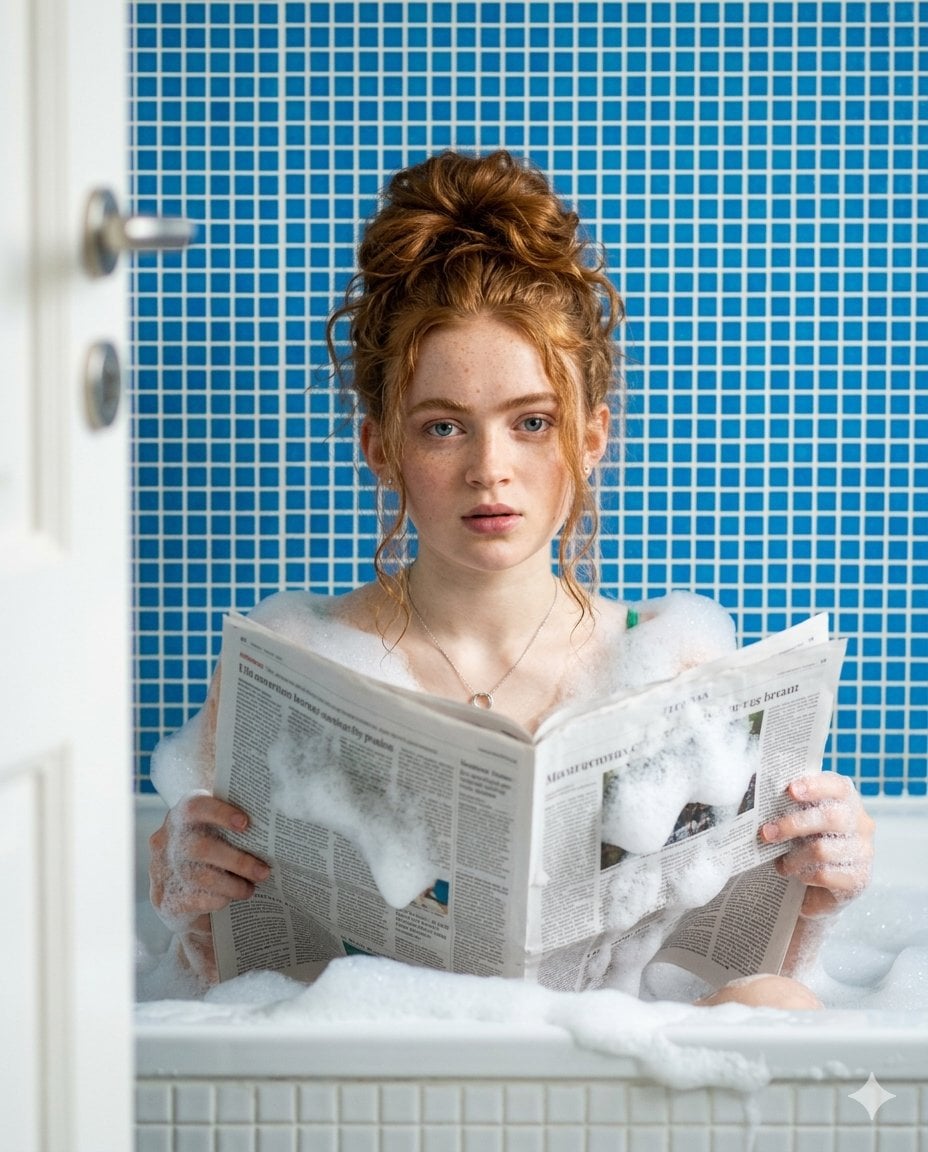 A young blonde Hollywood actress, similar to Sydney Sweeney, appears inside a ba