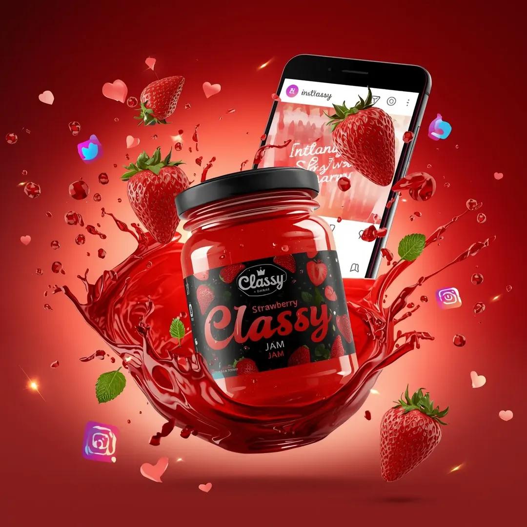 Ultra-realistic commercial food product advertising scene featuring a glass jar 