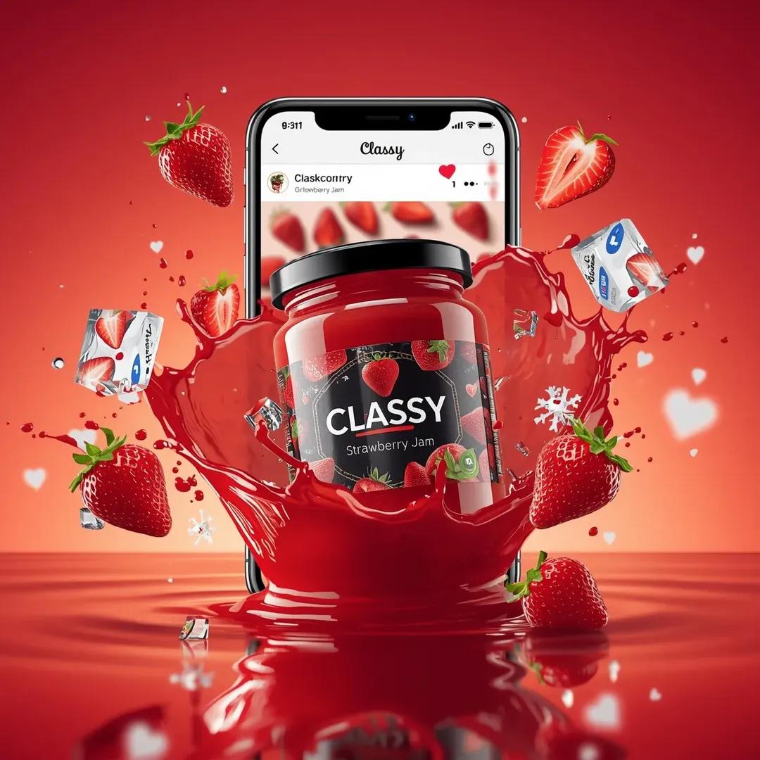 Ultra-realistic commercial food product advertising scene featuring a glass jar 