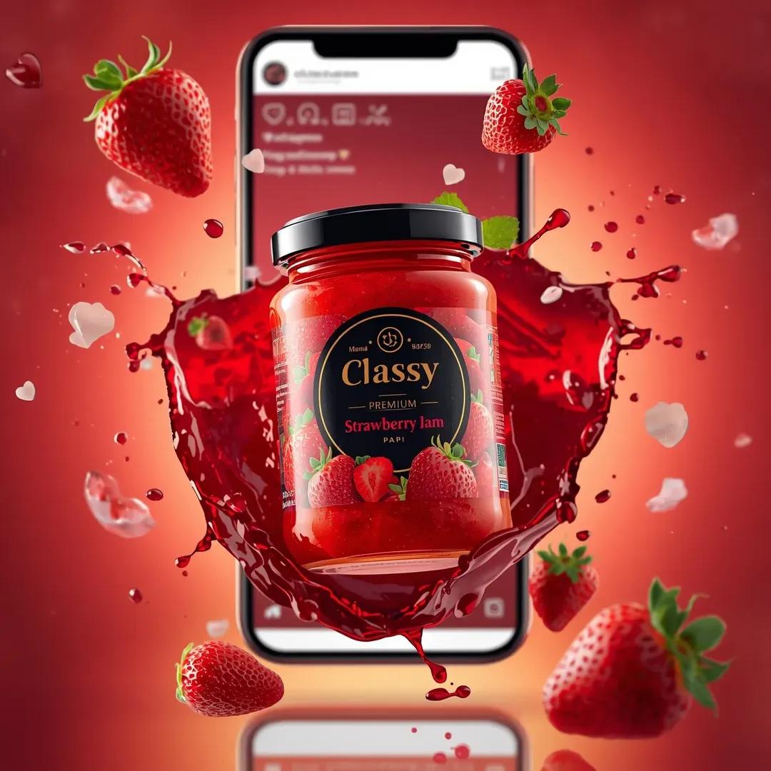 Ultra-realistic commercial food product advertising scene featuring a glass jar 