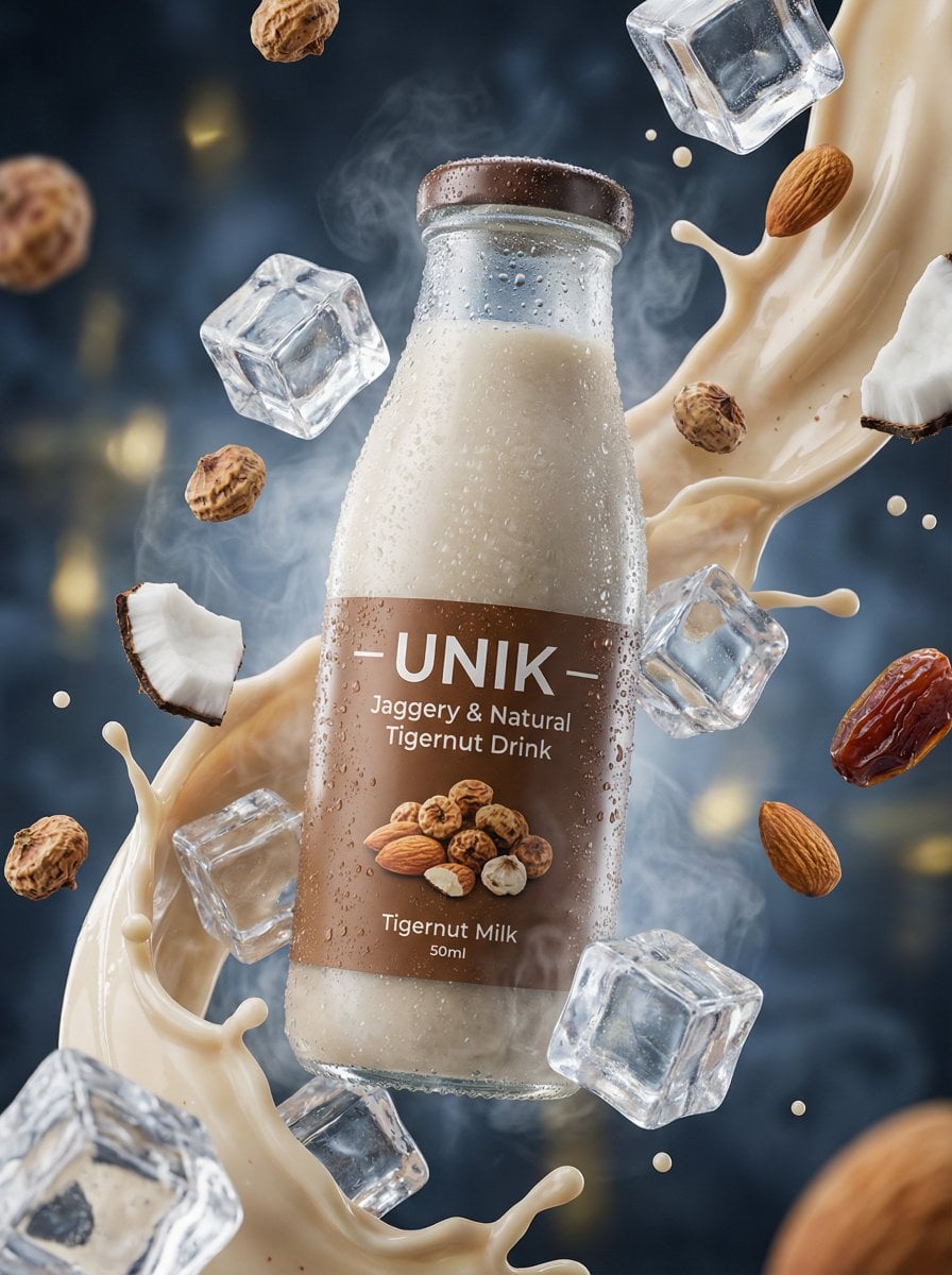 Ultra-realistic lifestyle beverage advertisement featuring a chilled bottle of “