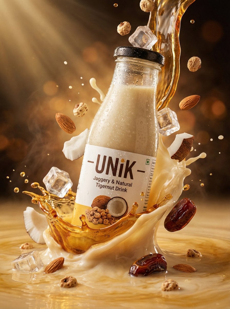 Ultra-realistic lifestyle beverage advertisement featuring a chilled bottle of “