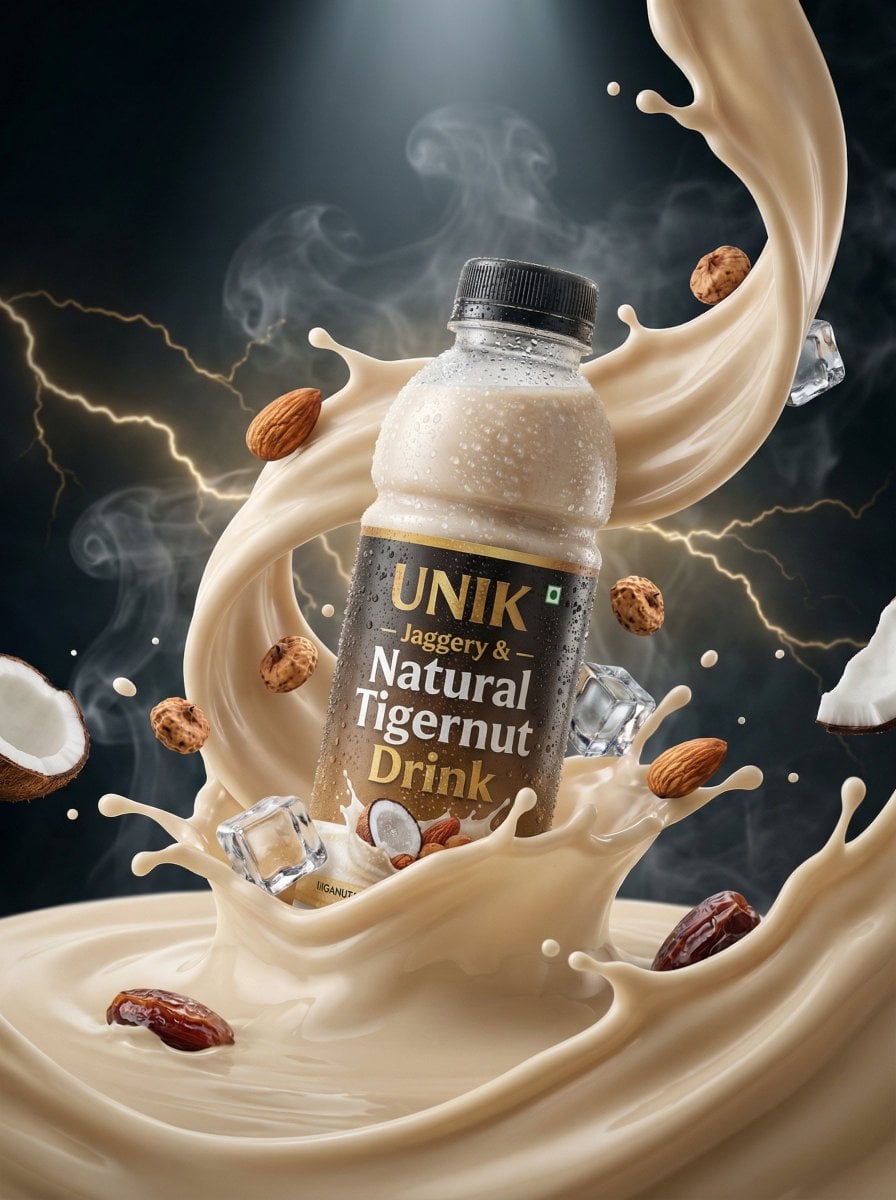 Ultra-realistic lifestyle beverage advertisement featuring a chilled bottle of “