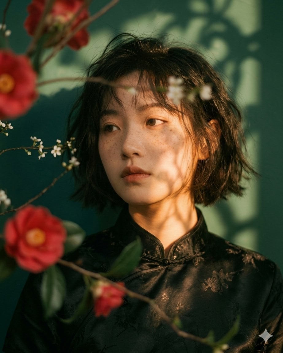 Artistic portrait of an elegant Asian woman wearing a black silk cheongsam (qipa