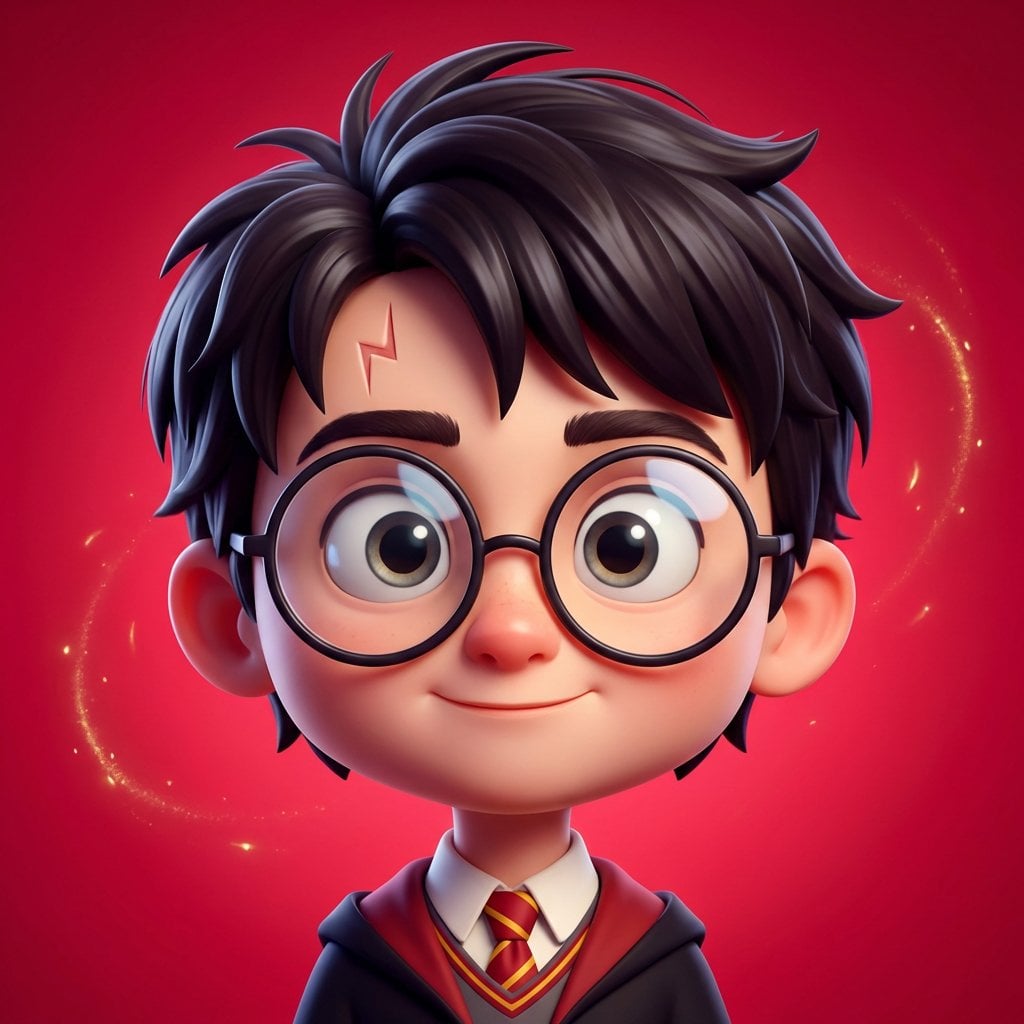 High-quality stylized 3D CGI big-head cartoon render of Harry Potter, square pro