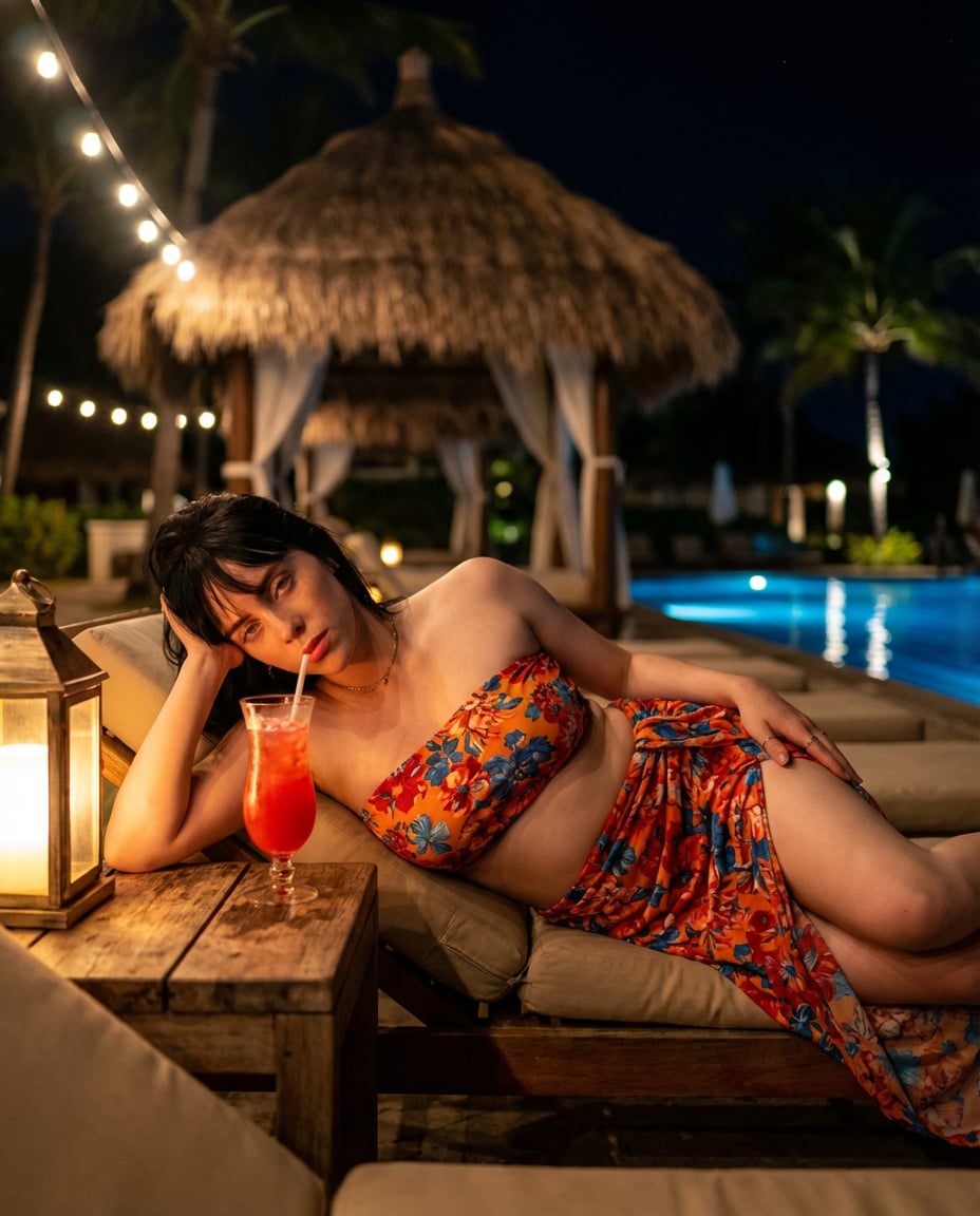{
  "prompt": "A woman relaxing poolside at a tropical resort at night, lying on